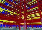 Figure 1.  Looking up through three floors of the hospital shows how the beams connect. Yellow beams indicate areas where the design was unclear